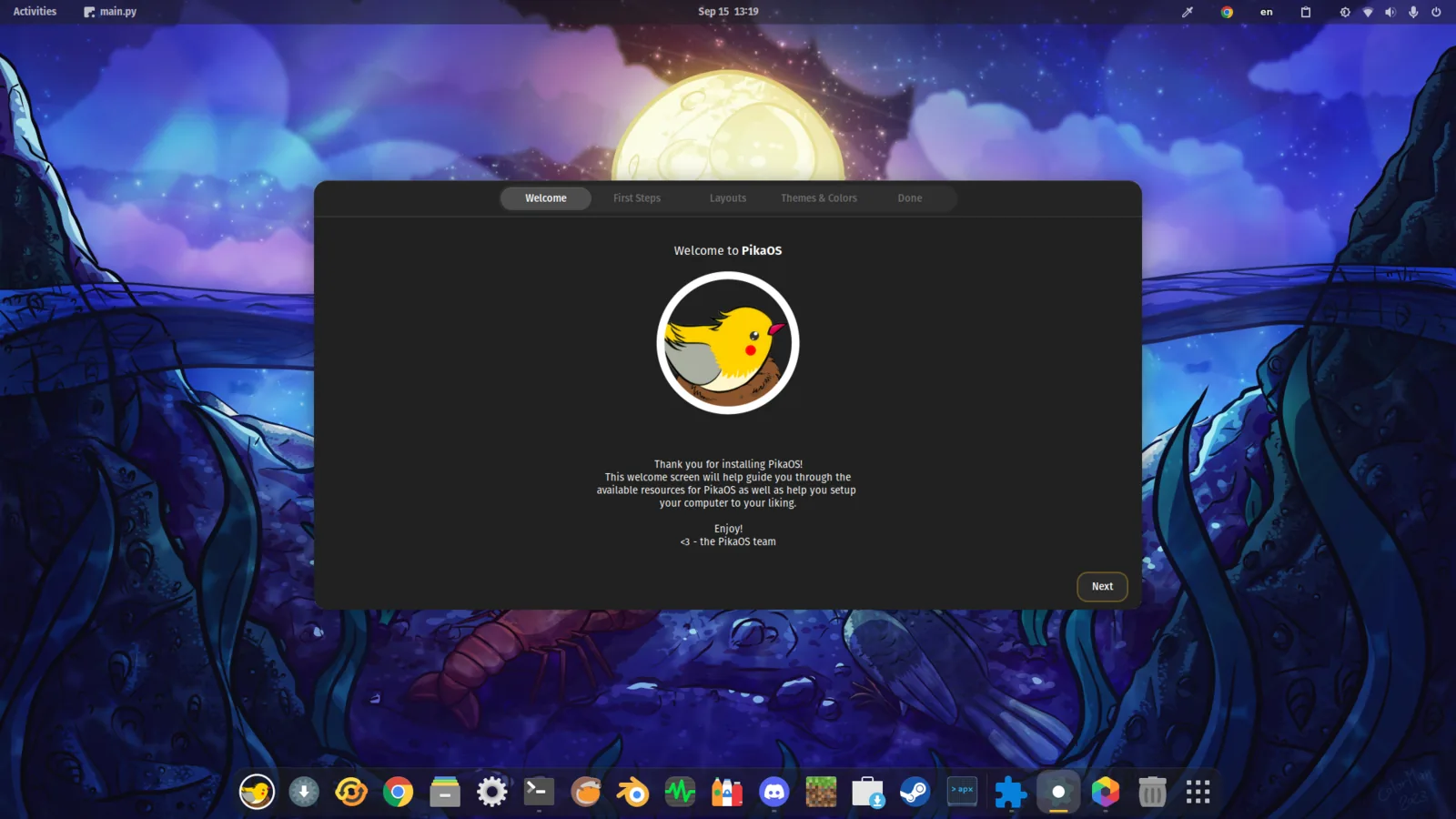 PikaOS desktop with the Welcome tool